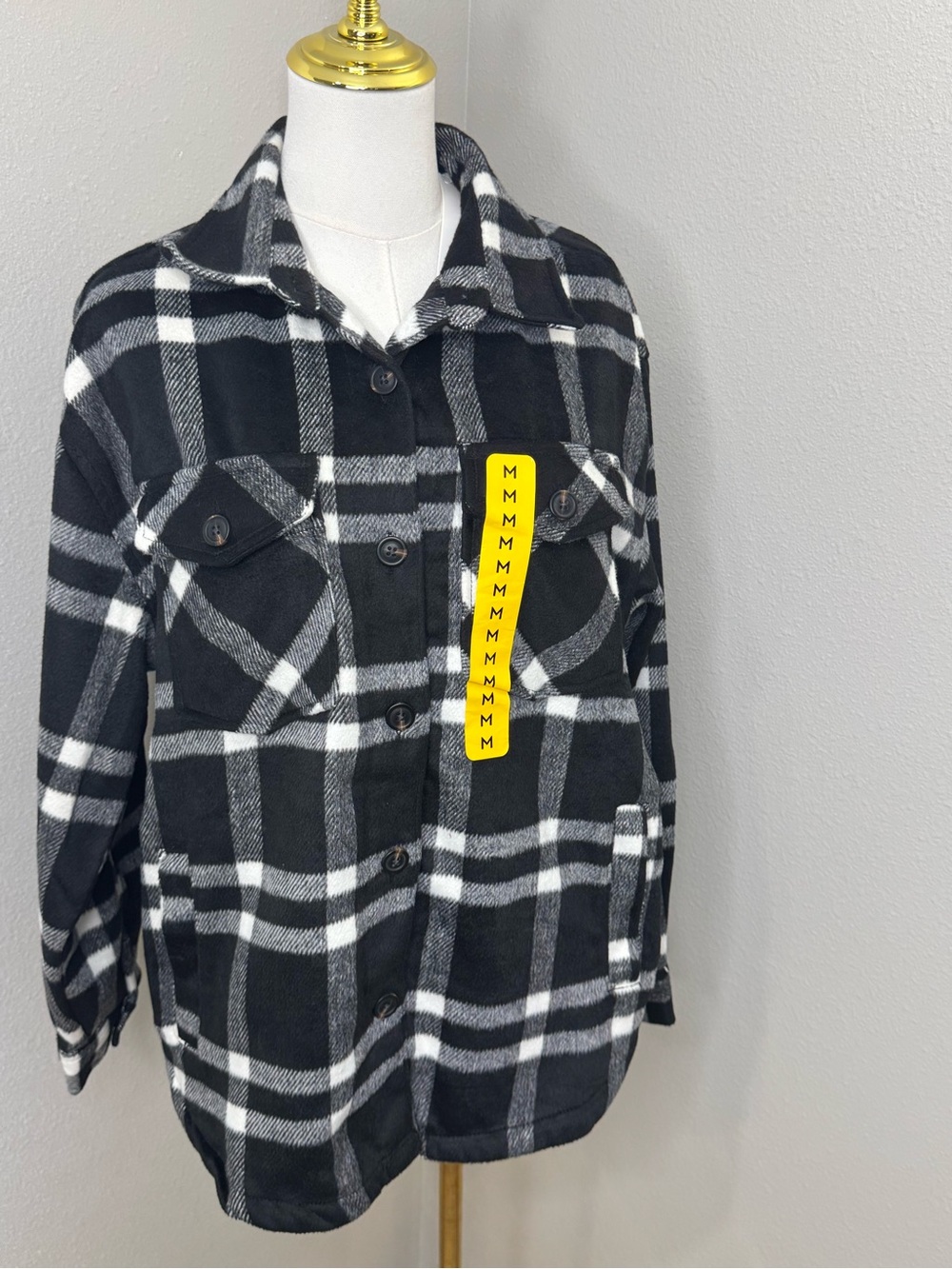 Member’s Mark Women’s Plaid Shacket Medium Black White Warm Oversized NWT